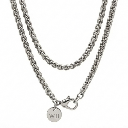 3mm Wheat Style Chain, Stainless Steel, Personalized